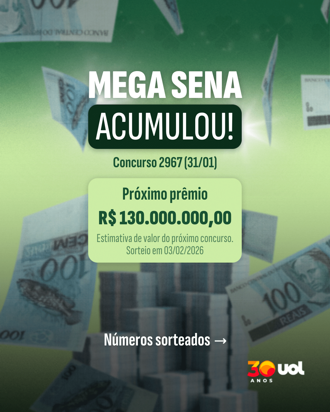 Resultado Mega Sena - Sorteio 2967 - 31/01/2026
