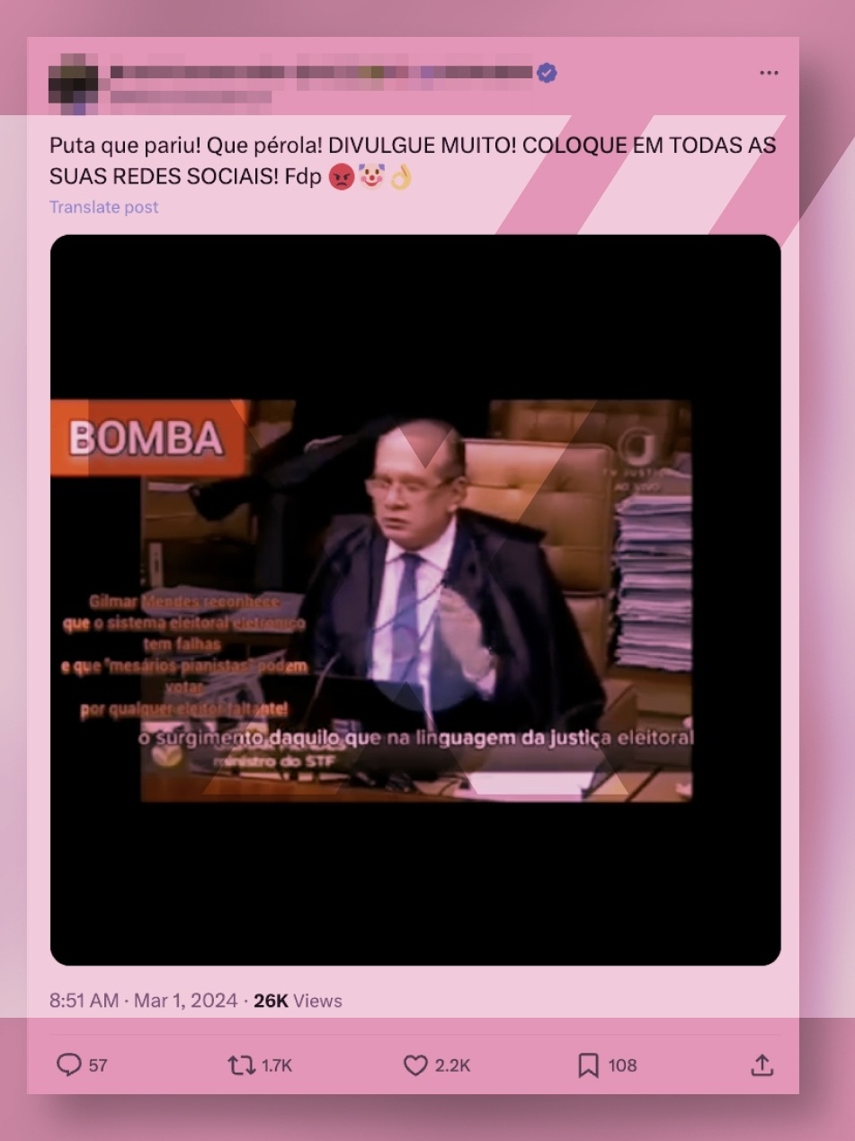 Vídeo de Gilmar Mendes foi editado para desacreditar sistema eleitoral