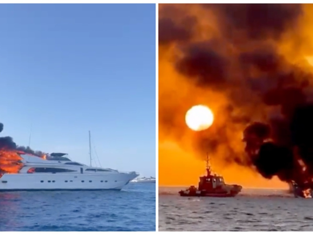 Fogo No Iate Turco No Mar Mediterrâneo Despejando a água No Iate