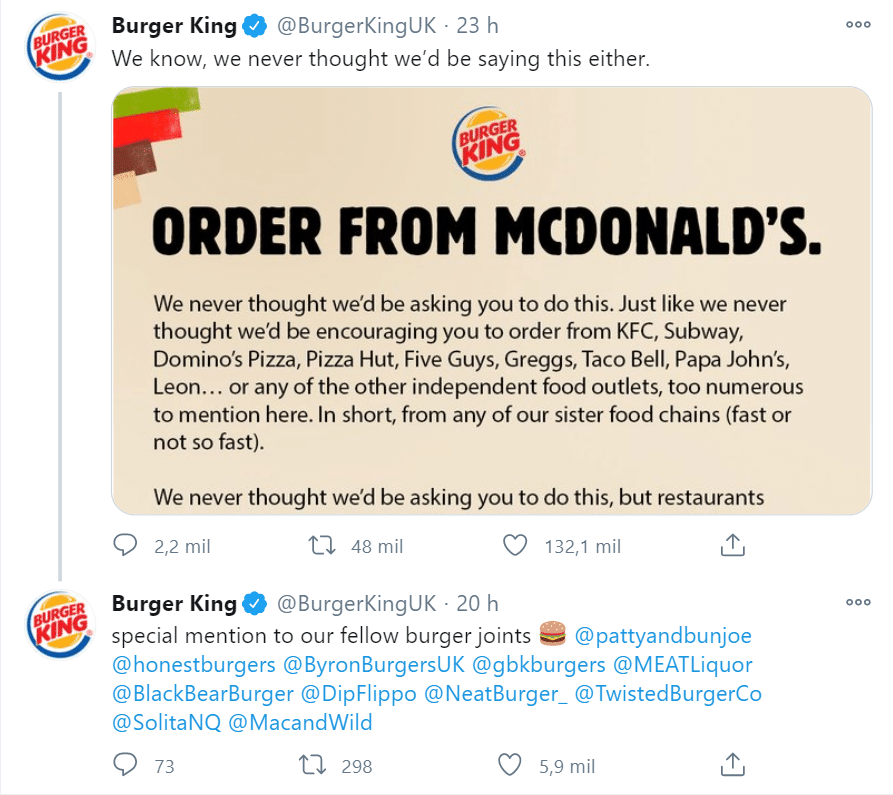 Burger King pede que seguidores comprem no McDonald's na pandemia