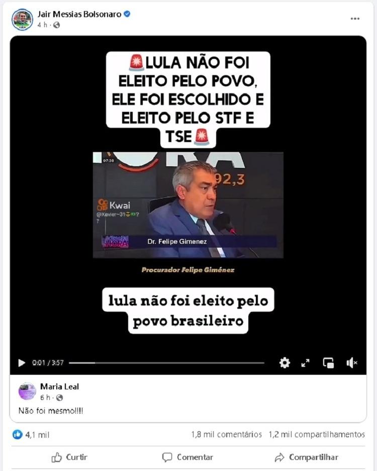 Bolsonaro compartilha vídeo golpista questionando o sistema eleitoral