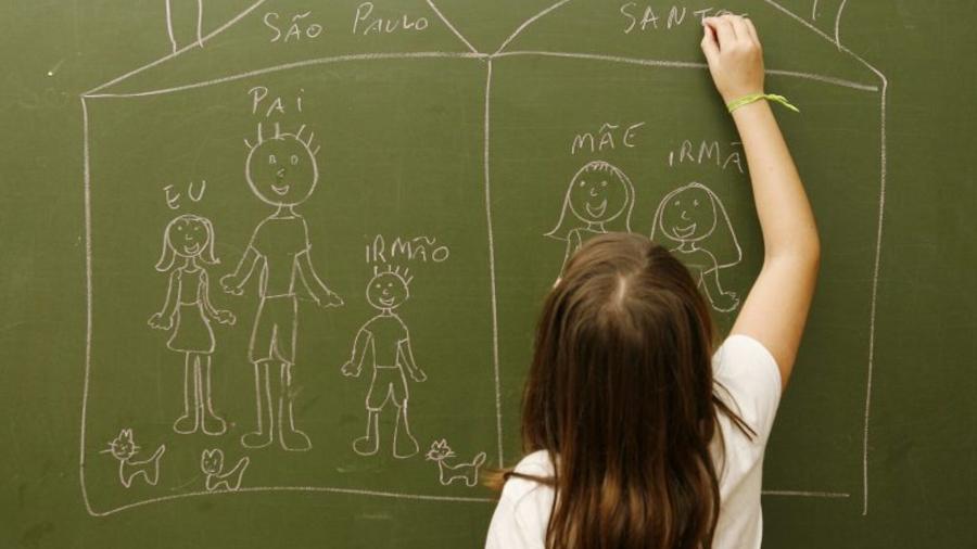 Criança desenha uma família em lousa, constelação familiar