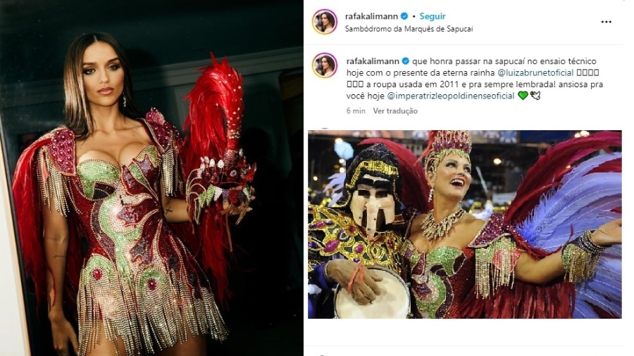 Rafa Kalimann usa roupa que Luiza Brunet desfilou em 2011 pela Imperatriz