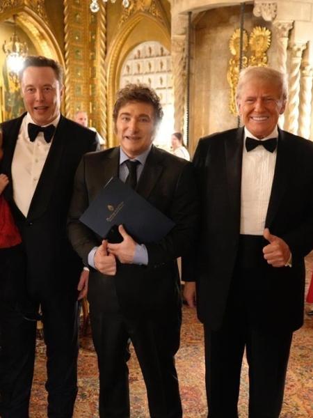 O presidente da Argentina, Javier Milei, com Elon Musk e o presidente eleito dos EUA, Donald Trump