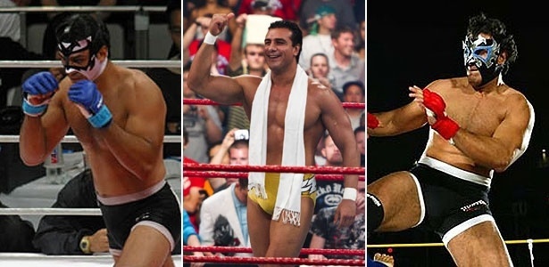 Alberto Rodríguez como Dos Caras Jr., no MMA, e Alberto del Rio, no WWE - Divulgação/WWE e Pride