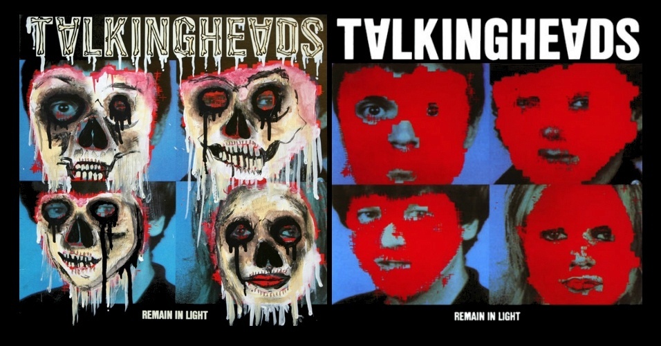 Capa de álbum do Talking Heads, "Remain in Light", recriada pelo artista 3rd One of the $tatue, à esquerda, ao lado da capa original - Montagem UOL / Reprodução/www.juxtapoz.com / Divulgação