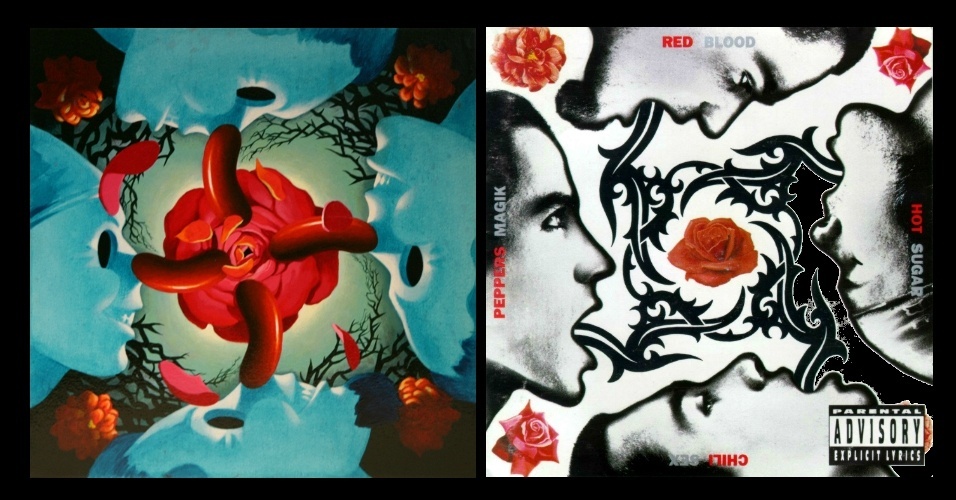 Capa do álbum "Blood Sugar Sex Magik", do Red Hot Chilli Peppers, em versão do artista chileno Victor Castillo (esq.), ao lado da arte original - Montagem UOL / Reprodução/www.juxtapoz.com / Divulgação