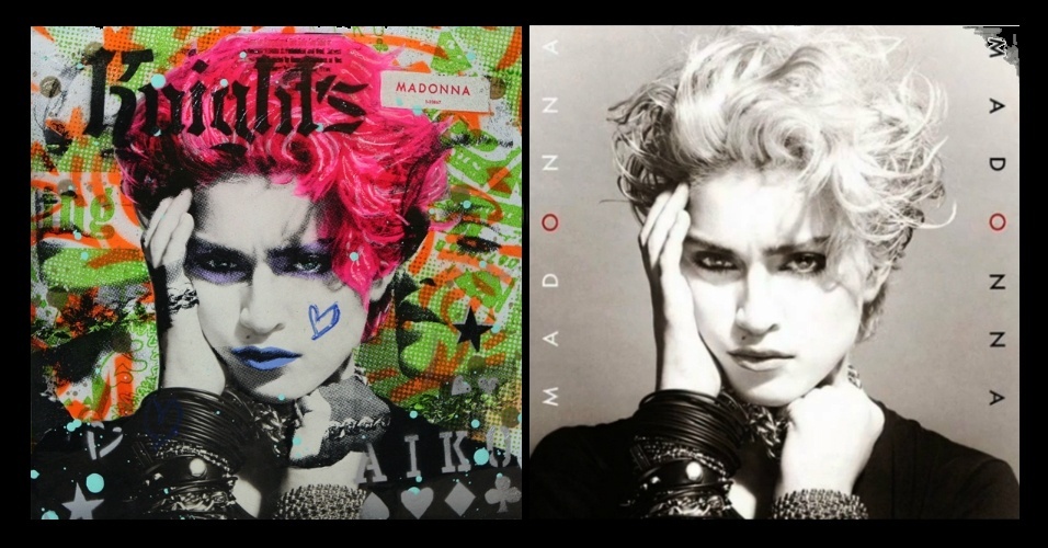 Capa do primeiro álbum de Madonna, que data de 1983, recriada pela artista japonesa Aiko, à esquerda, ao lado da capa original. A mostra "Vynil Revisionists" abre ao público neste sábado (31) em prédio da Warner na cidade de Burbank (3300, Warner Boulevard), na Califórnia - Montagem UOL / Reprodução/www.juxtapoz.com / Divulgação
