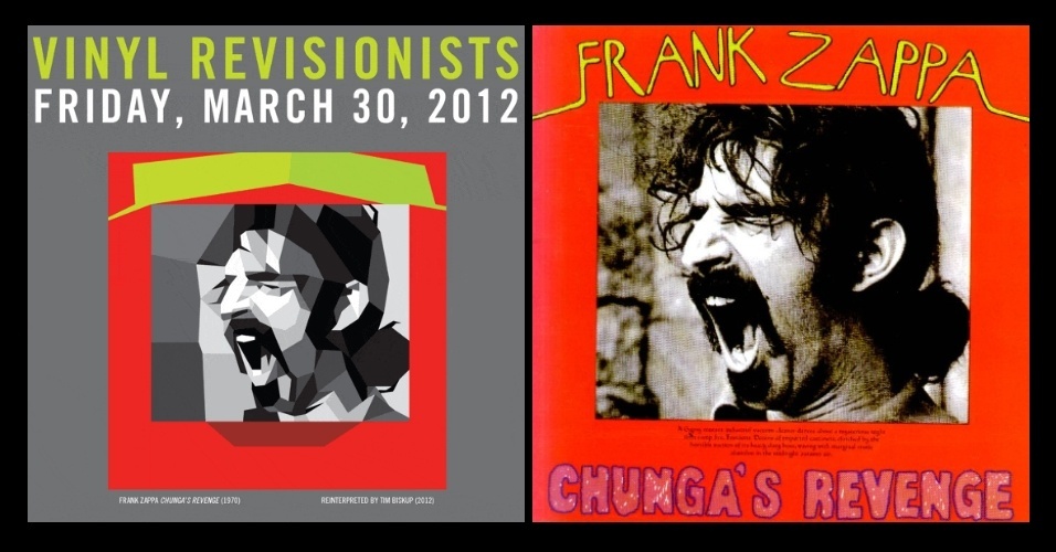 Cartaz que anuncia a exposição "Vinyl Revisionists" tem ilustração de capa do disco "Chunga's Revenge", de Franka Zappa, reinterpretada pelo artista Tim Biskup, um dos maiores nomes da exposição, à esquerda, ao lado da capa original - Montagem UOL / Divulgação