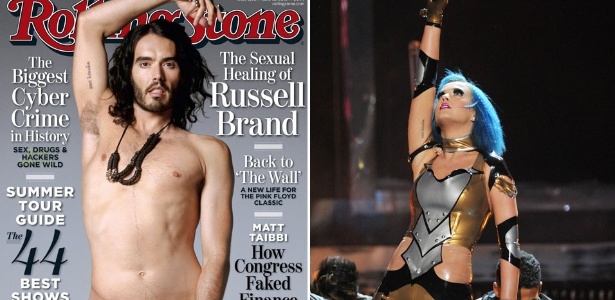 Russel Brand mostra na capa da Rolling Stone de maio de 2010 a tatuagem que fez com a ex-mulher, a cantora Katy Perry