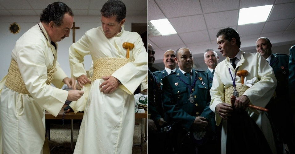 Antonio Banderas veste traje típico para participar de uma procissão religiosa na cidade de Málaga, na  Espanha, chamada "Lagrimas y Favores" que faz parte dos rituais católicos da Páscoa (1/4/12)