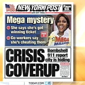 Capa do jornal New York Post desta segunda-feira (2), com suposta vencedora da loteria nos EUA - Reprodução/New York Post