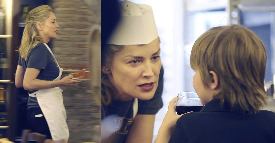 Com avental e chapéu de cozinheiro, Sharon Stone serve pizza para os filhos, Quinn e Laird, em um restaurante em Roma, na Itália (4/4/12)