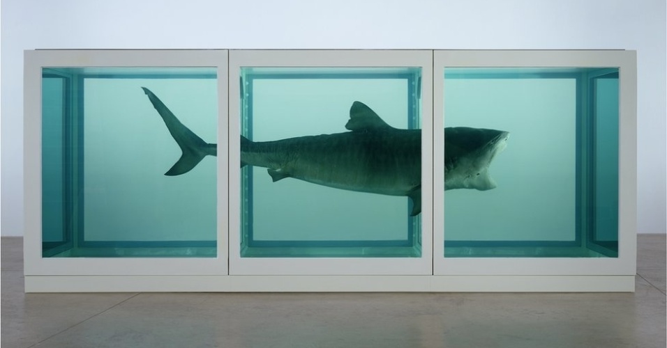 Os trabalhos mais famosos de Hirst abordam o tema da morte ou mostram animais mortos. Acima, o famoso e polêmico tubarão conservado em formol, de 1991, a obra "The Physical Impossibility of Death in the Mind of Someone Living" ("A Impossibilidade Física da Morte na Mente de Alguém Vivo", em tradução livre)  - Divulgação/BBC
