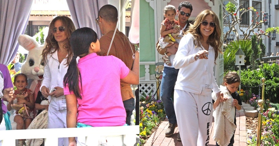 Jennifer Lopez leva os filhos, Maximiliam e Emme, para ver o coelhinho de Páscoa neste domingo, em comemoração à data, em Los Angeles, EUA (8/4/12)