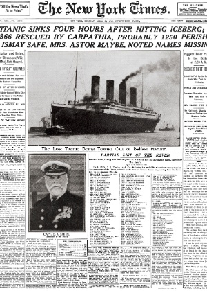 Primeira página da edição do The New York Times de 16 de abril de 1912, com a cobertura do naufrágio do Titanic - The New York Times