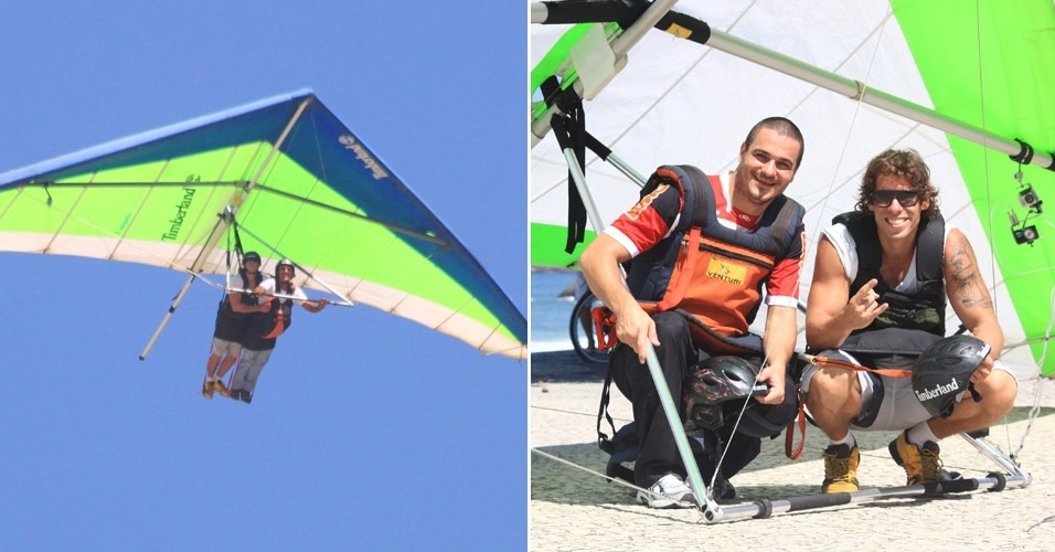 Os ex-BBB Rafa e Maurício voam de asa delta na praia de São Conrado, no Rio de Janeiro (14/4/12)