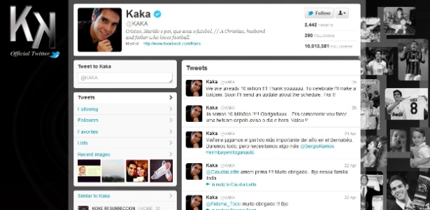 Perfil no Twitter do jogador de futebol Kaká chega aos 10 milhões de seguidores  - Reprodução