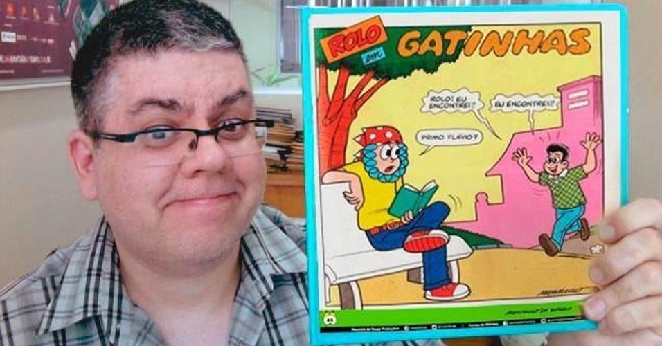 O roteirista Flávio Teixeira, da Mauricio de Sousa Priduções, com os personagens Rolo e primo Flávio - Divulgação