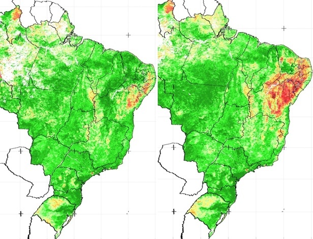 Mapas do Brasil mostram a situação da seca no Nordeste, as áreas em vermelho. A imagem à esquerda (abril de 2011) mostra 15% da região atingida, já a imagem à direita (abril de 2012) mostra 80% - Universidade Federal de Alagoas