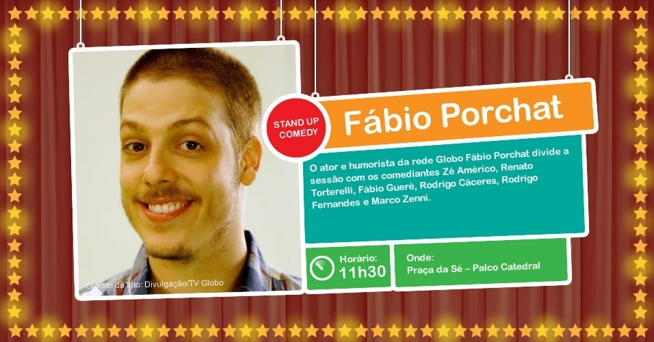O ator e humorista Fábio Porchat faz show de stand-up comedy, às 11h30, na Virada Cultural, no Palco Catedral da Praça da Sé  - Divulgação