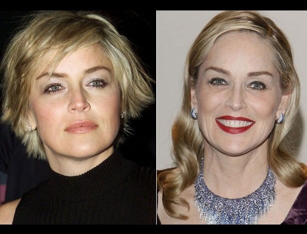 Sharon Stone em 2000, aos 42 anos; e em 2012, aos 54 anos