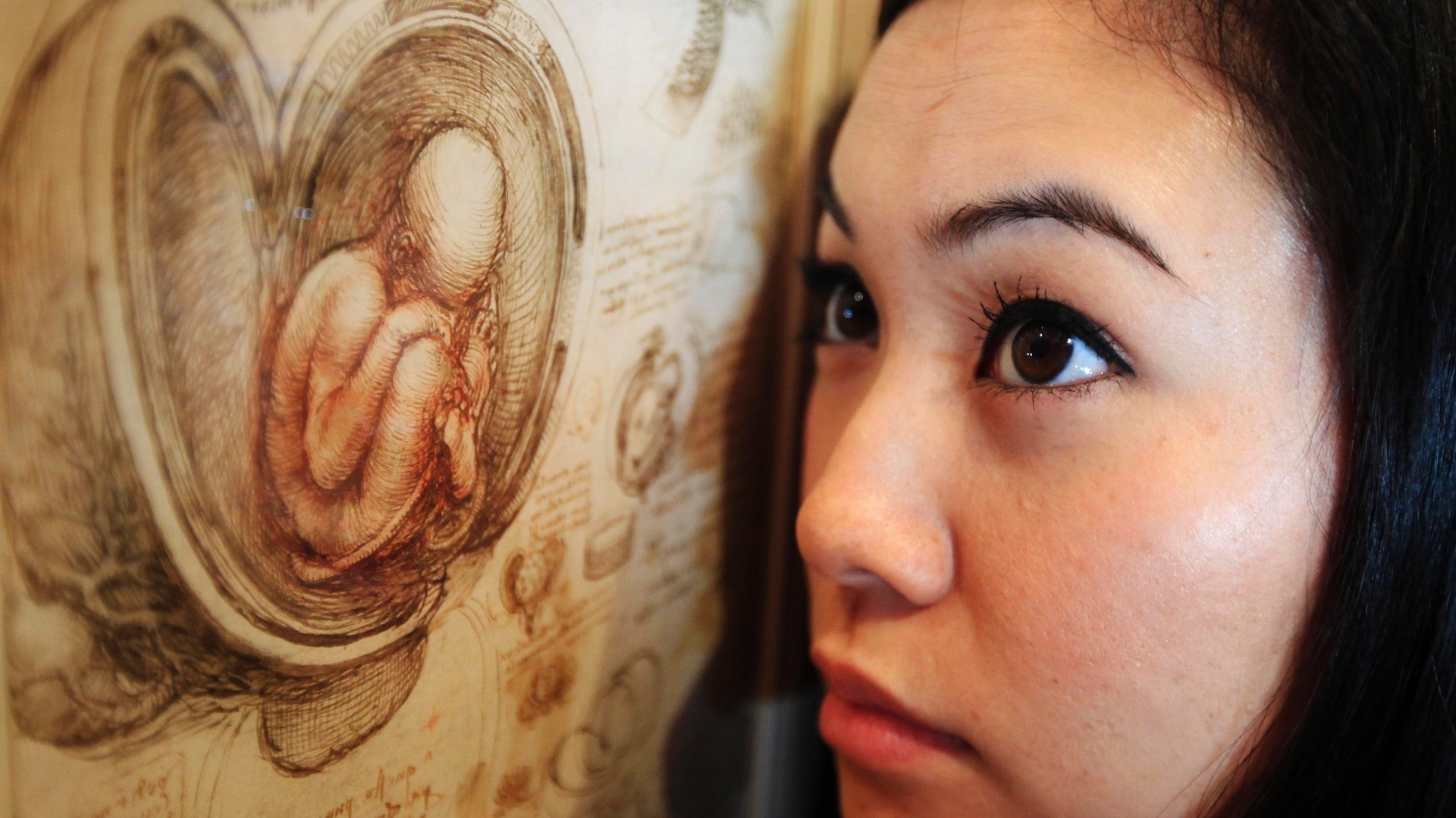 Funcionária da Queen's Gallery de Londres posa ao lado de desenho feito por Leonardo Da Vinci (30/4/12) - REUTERS/Luke MacGregor