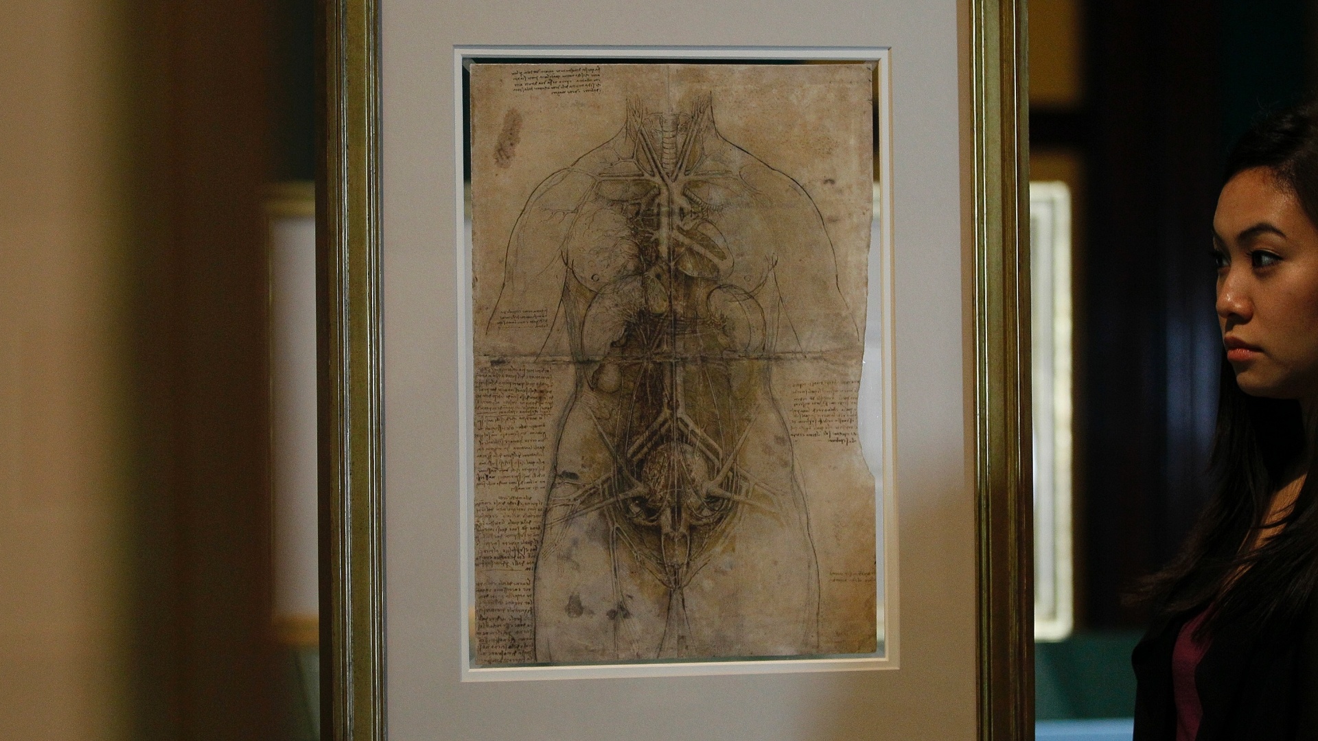 Funcionária da Queen's Gallery de Londres posa ao lado de desenho feito por Leonardo Da Vinci (30/4/12) - AP Photo/Alastair Grant