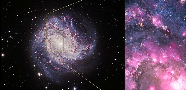 À esquerda está uma imagem óptica da galáxia; à direita, a explosão em detalhes - Nasa
