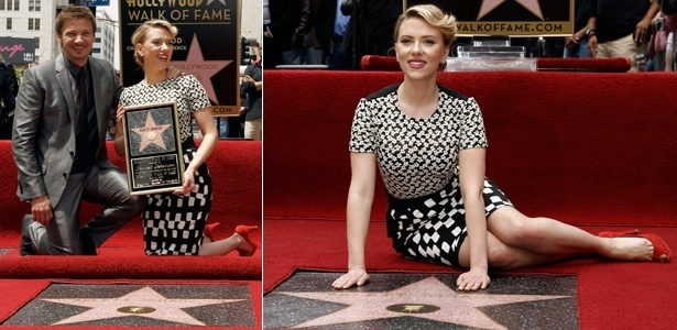 Jeremy Renner prestigia a colega de "Os Vinagdores", Scarlett Johansson, durante cerimônia em que a atriz recebeu uma estrela na Calçada da Fama, em Hollywood (2/5/12) - Matt Sayles/AP
