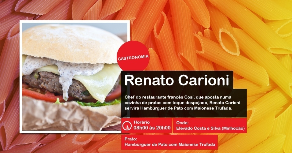 O chef Renato Carioni servirá hambúrguer de pato com maionese na Virada Cultural, das 8h00 às 20h00, no Minhocão - Divulgação