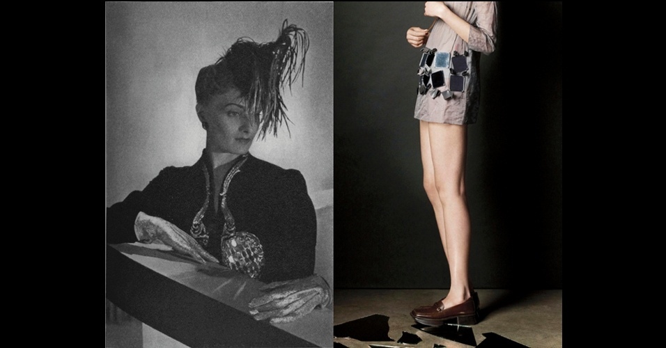 Ainda na seção "Da cintura pra cima/ da cintura pra baixo". Imagem de um look Elsa Schiaparelli para a "Vogue", em 1938, e look da coleção de Verão 1999 da Prada - Horst/Toby McFarlan Pond/Metropolitan Museum