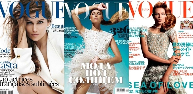 Capas da "Vogue" Paris, Rússia e Japão para a edição de maio de 2012 com as modelos Laetitia Casta, Maryna Linchuk e Natasha Poly - Divulgação
