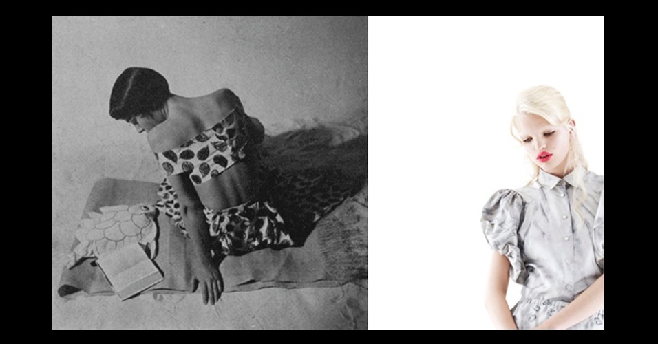 "Chique inocente" focará na sensibilidade da mulher adotada pelas estilistas para subverter as expectativas de como as pessoas deveriam se vestir. Imagem de 1949, da revista "Vogue" de Paris, com look Schiaparelli (esq.) e look da coleção de Verão 2006 da Prada - Rutledge/Toby McFarlan Pond/Metropolitan Museum