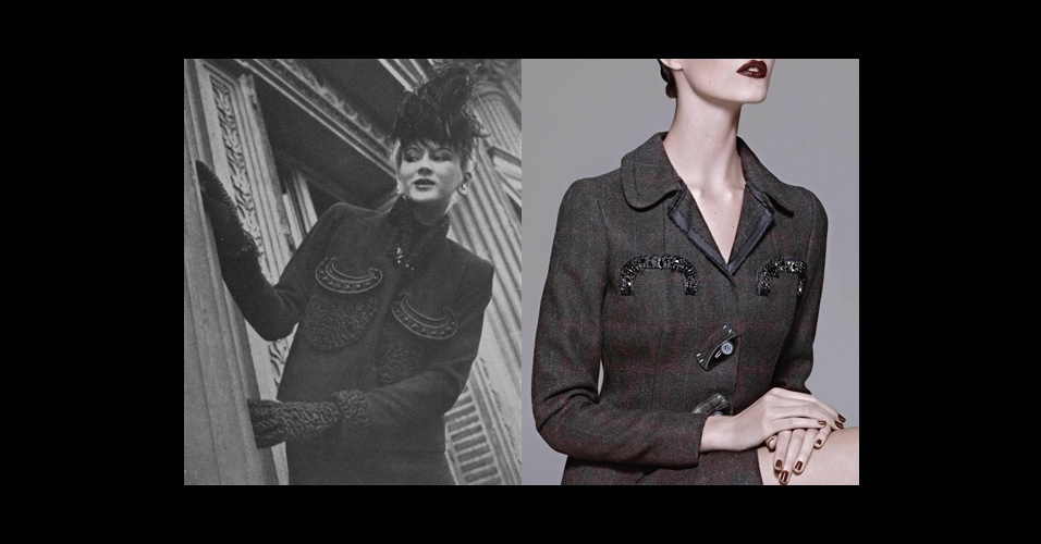 Em "Chique pesado" será explorado a influência das roupas masculinas e dos uniformes nas criações das estilistas. Imagem da "Vogue", de 1938, de Elsa Schiaparelli (esq.) e look da coleção de Inverno 2005 de Miuccia Prada - Regina Relang/Toby McFarlan Pond/Metropolitan Museum