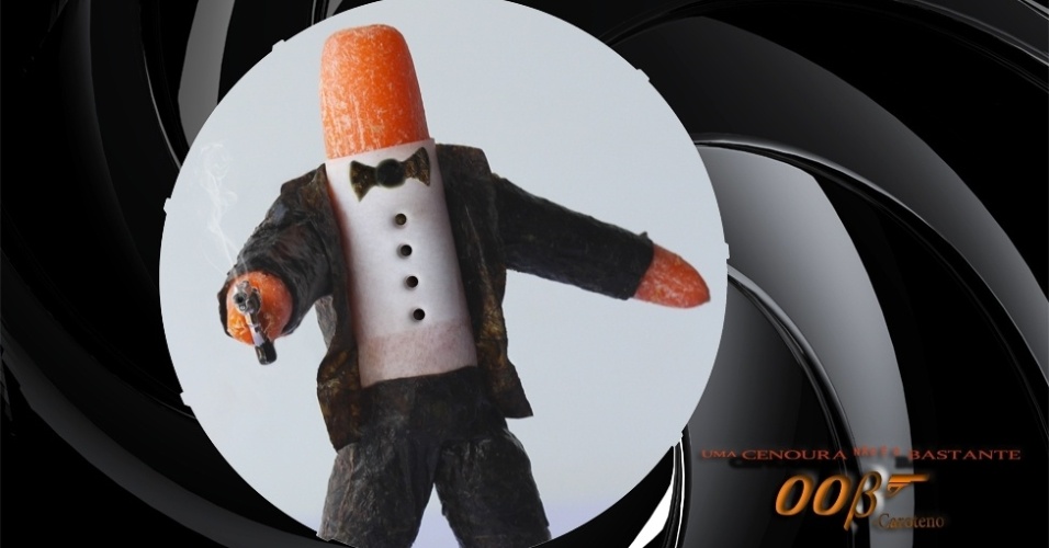 Muitas das imagens transformam, em tom bem humorado, alimentos em animais, personagens de cinema e de games. Acima, a 'Cenoura Bond', com cenourinhas, folha de papel manteiga para a camisa e nori para o terno, gravata e botões - Vanessa Dualib 