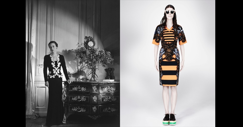 Na seção "Da cintura pra cima/ da cintura pra baixo": nos anos 1930, as pessoas costumavam socializar em cafés e restaurantes, logo, Schiaparelli investia nos detalhes da parte superior de suas criações. Já, Miuccia Prada chamava a atenção para a parte de baixo, representando modernidade - Cecil Beaton/David Sims/Metropolitan Museum