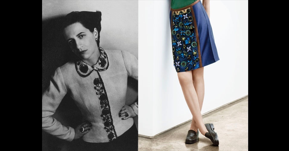 Na seção "Da cintura pra cima/ da cintura pra baixo" será mostrado como Elsa Schiaparelli investia em detalhes na parte superior da roupa, como nesta imagem para a revista "Harper's Bazaar", de 1937, e como Miuccia Prada apostava em chamar a atenção na parte de baixo, como neste look da coleção de Verão 2005 - Louise Dahl-Wolfe/Toby McFarlan Pond/Metropolitan Museum