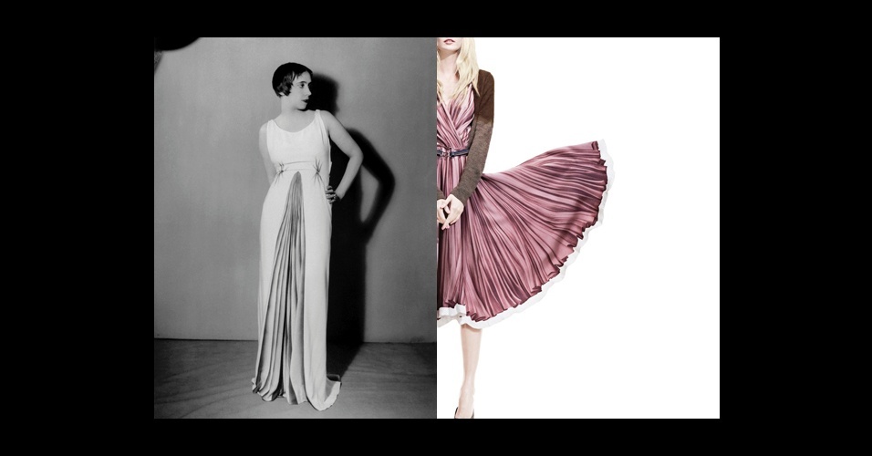 "O corpo clássico" explorará o envolvimento de Schiaparelli e Prada com a antiguidade através de olhares para o final do século 18 e começo do 19. Na esquerda, look da coleção de Outono de 1931 de Elsa Schiaparelli e na direita, look de Inverno 2005 da Prada - Man Ray/Toby McFarlan Pond/Metropolitan Museum