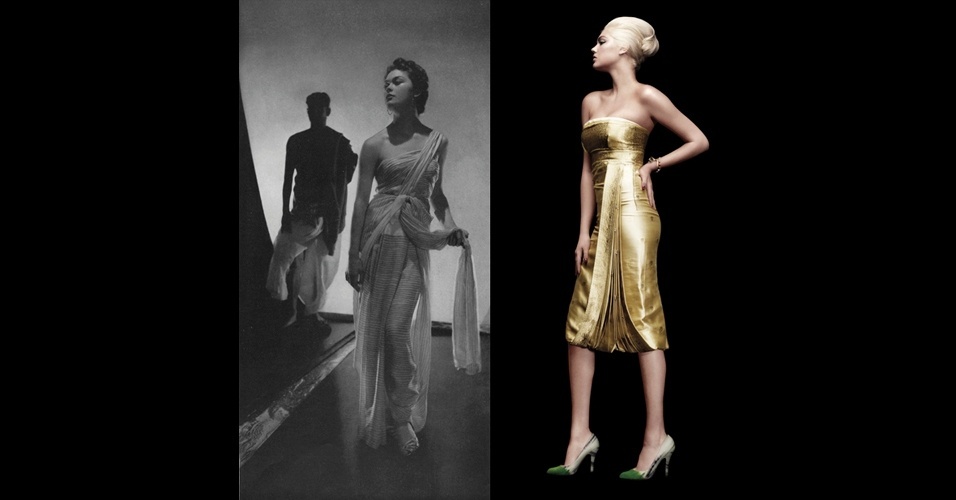 "O corpo exótico" mostra a influência da cultura oriental através de tecidos como lamê e silhuetas inspiradas nos saris e sarongues. Look de Schiaparelli mostrado em uma foto de junho de 1935 (esq.) e look da Prada, da coleção de Verão 2004 - Horst/Toby McFarlan Pond/Metropolitan Museum