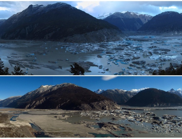 Fotos mostram lago Cachet II em Aysén, no sul de Santiago, antes e depois da seca que atinge a região - AFP