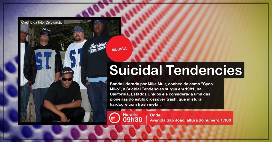 A banda Suicidal Tendencies faz apresentação na Virada Cultural, às 9h30, na Avenida São João, altura do número 1.100 - Divulgação