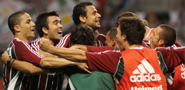 Os tricolores comemoram a goleada sobre o Botafogo na primeira partida da final - Fernando Maia/ UOL