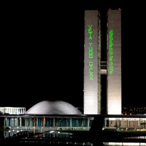 Ativistas do Greenpeace projetam a frase "Veta tudo, Dilma", em referência ao texto do novo Código Florestal, no Congresso Nacional, em Brasília