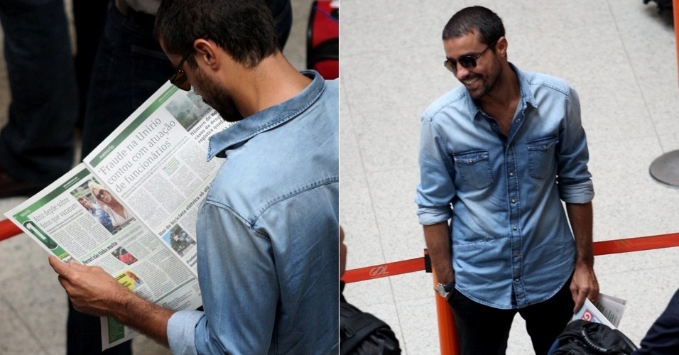 Ator Ricardo Pereira é visto lendo o "caso Carolina Dieckmann" em aeroporto (9/5/12)