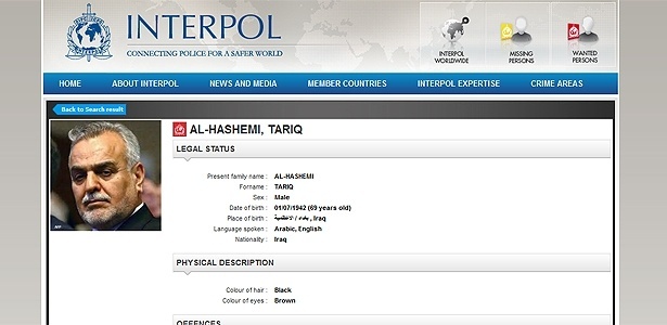 Site da Interpol lança "alerta vermelho" para a prisão do vice-presidente sunita iraquiano, Tareq al-Hashemi