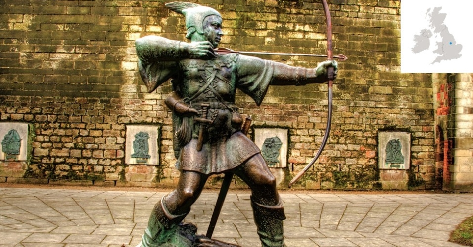 Nottingham foi imortalizada na por sua ligação com a lenda de Robin Hood, onde ele teria vivido, n Floresta de Sherwood, roubando dos ricos e dando para os pobres. O Castelo de Nottingham, que exibe a escultura mostrada na foto, foi sede da Guerra Civil Inglesa. A chama passará por Nottingham no dia 28 de junho