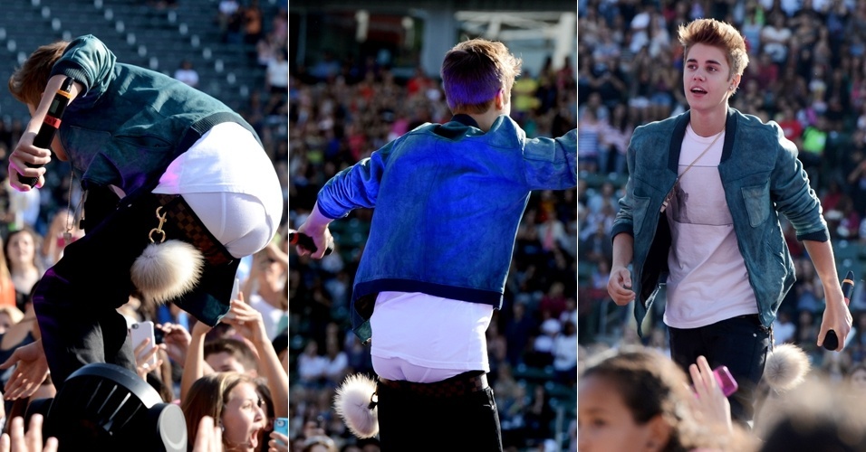 Justin Bieber deixa bumbum à mostra durante show na cidade de Carson, em Los Angeles, nos Estados Unidos (12/5/12)