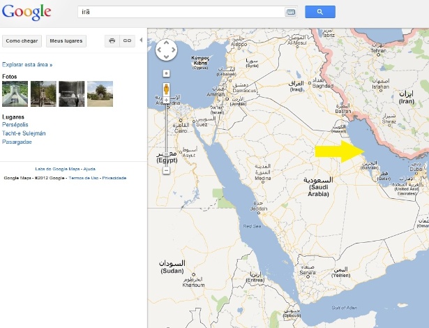 Google Maps não mostra nome do golfo entre Irã e Arábia Saudita - Reprodução