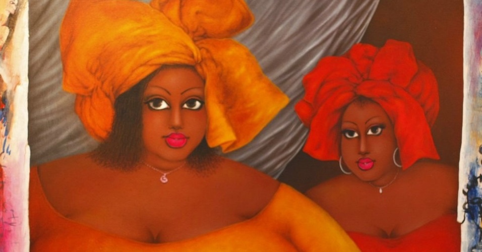 Obra do pintor Augustin Kassi, em exposição na Costa do Marfim. Kassi tem um estilo inconfundível e é considerado um dos mais importantes artistas contemporâneos do país (maio/12) - BBC